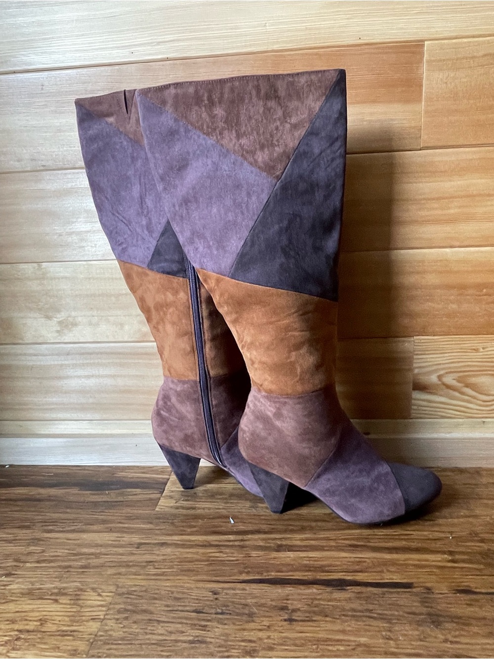 Patchwork Faux Suede Knee-High Boots in Multiple Shades of Brown